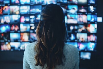 Woman watching smart TV wall, displaying many streaming channels and online media, entertainment and technology concept