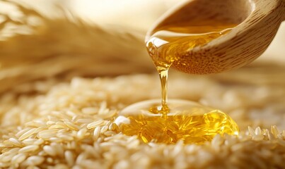 Rice bran oil dripping from rice seed isoalted on white background
