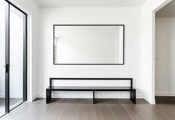 A wooden bench sitting in front of a mirror in a room.