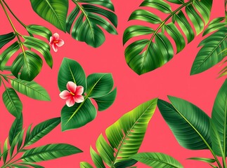 Naklejka premium Tropical Foliage on Red: An artful composition of tropical leaves and blossoms, showcasing vibrant green foliage against a bright red backdrop, creating a visually captivating and exotic design.