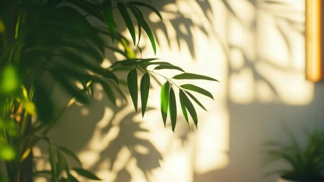 A leafy plant casts a shadow on a white wall. The shadow is long and thin, stretching across the wall. The plant is tall and leafy, with a stem that is visible in the foreground. The scene is peaceful