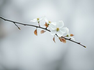 Delicate Blooms: Pristine white blossoms grace a slender branch, their delicate petals unfurling against a soft, blurred backdrop, embodying the serenity of spring