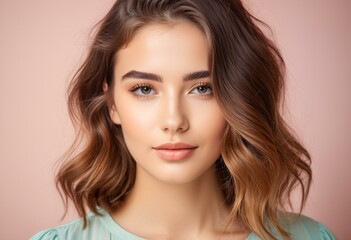 Fototapeta premium A woman with long brown hair wearing a green blouse.