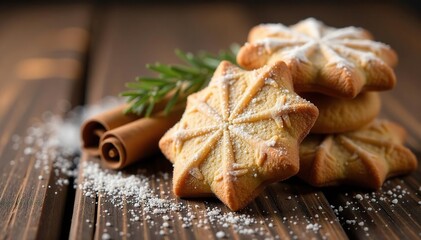 Warm, inviting close-up of cinnamon Christmas cookies, sprinkled with sugar, on a rustic wooden background , wood, food
