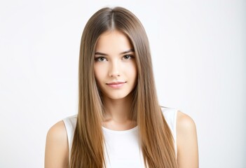 Fototapeta premium A woman with long brown hair is looking at the camera.