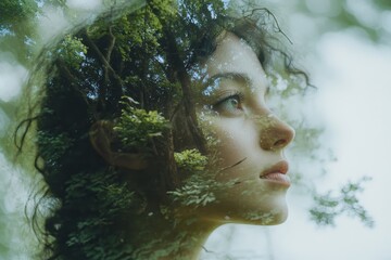 Double exposure portrait of woman blended with nature, forest trees form face, creative art of beauty and tranquility, abstract girl profile in green