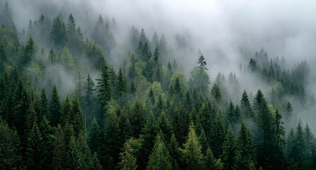 Dense evergreen forest covered in misty clouds with lush green trees and fog
