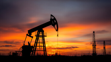 Dramatic silhouette of oil pump jack against vibrant sunset sky with colorful clouds
