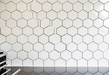 A white tiled wall with a hexagonal pattern.