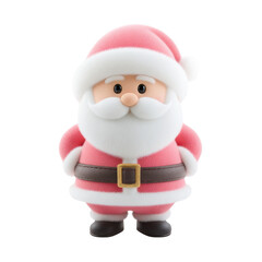Cute, cartoon Santa Claus figurine with jolly expression, wearing red suit and hat, black belt, and white beard, standing against plain background