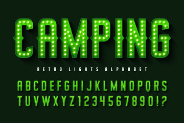 Retro circus alphabet design, cabaret, fairy LED lamps letters and numbers.