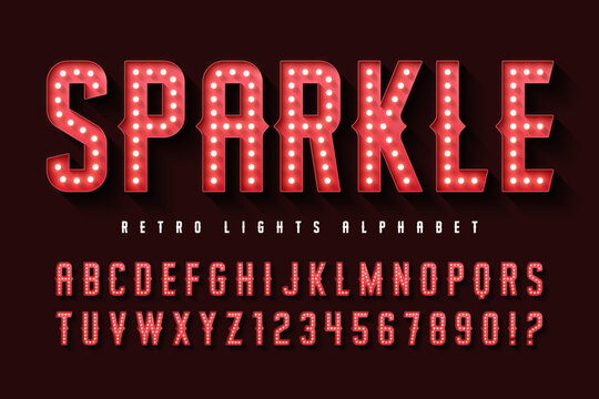 Retro circus alphabet design, cabaret, fairy LED lamps letters and numbers.