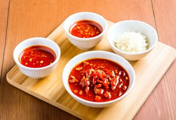 A white plate topped with two bowls of chili and green peppers.