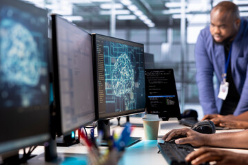 Server hub worker creating AI systems high performance computing engine on PC. System administrator in data center developing artificial intelligence capable of producing human cognitive abilities