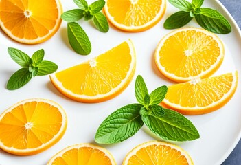 A white plate topped with sliced oranges and mint leaves.