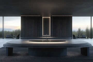 Modern, minimalist, expansive kitchen with dramatic lighting and panoramic views