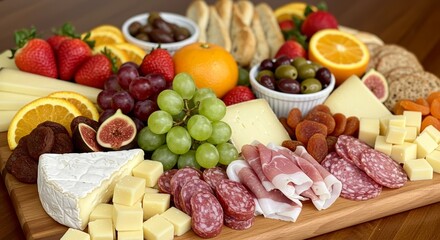Colorful Fruit Cheese and Meat Board - A vibrant party platter featuring fresh fruits, assorted cheeses, cured meats, and crackers. Symbolizing abundance, celebration, sharing, deliciousness