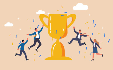 A vector illustration showing a winning business team in a gold trophy cup, symbolizing achievement and success