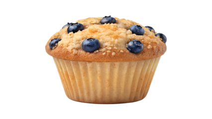 A single blueberry muffin with crumble topping on black back