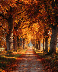 Majestic autumn path lined with trees showcasing brilliant orange and red fall foliage