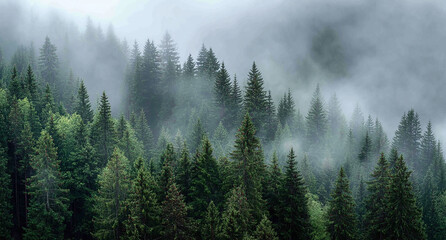 Misty forest scene with dense evergreen trees and atmospheric haze covering mountains
