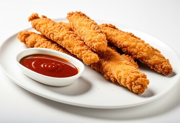 A white plate topped with fried food next to a bowl of sauce.