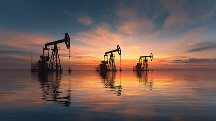 Fototapeta premium Oil pumpjacks silhouetted against a vivid sunset over calm reflective ocean water