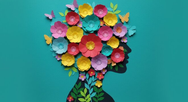 Floral silhouette representing femininity and growth with colorful paper flowers