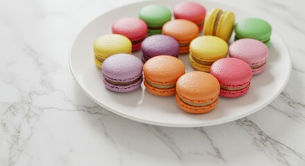 Obraz premium Colorful Macarons on White Plate - A plate of colorful macarons sits on a marble surface. Sweet treats, delicious, and perfect for any occasion