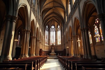 Majestic French church, intricate details, stained glass, sunlit interior, gothic architecture, religious building , abbey, landmark, heritage