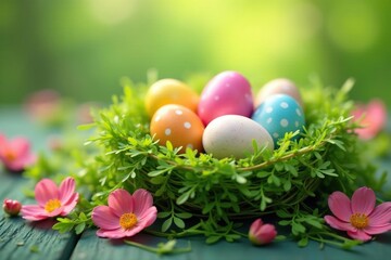 Fototapeta premium Colorful Easter eggs nestled in a spring green nest, overflowing with joyful springtime cheer , tradition, happiness, holiday decorations