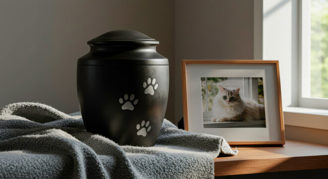 Black pet urn with paw prints and cat photo near window