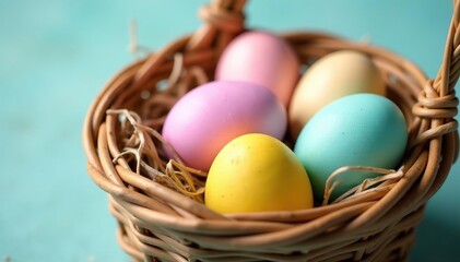 Vibrant pastel colored Easter eggs in a basket Perfect for spring and Easter celebrations , rabbit, egg image