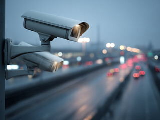 Surveillance cameras monitoring city traffic and road safety on a rainy evening
