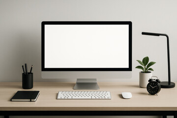Computer on desk with plant and mouse.