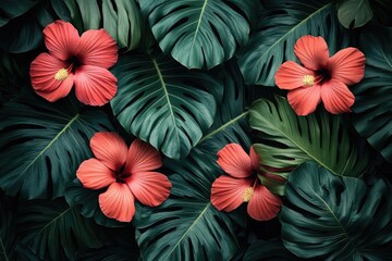 Tropical symphony: vibrant foliage, exotic bloom, bold composition, abstract pattern, vivid plant, geometric style, modern design, decorative artwork, lush illustration, striking aesthetic.