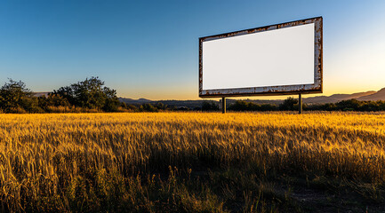 Blank billboard stands in a golden wheat field at sunset, with a clear blue sky and distant hills visible in the background, perfect for advertising or mockups