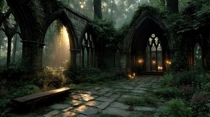 Obraz premium Enchanted Forest Sanctuary with Sunlit Pathway and Ancient Ruins