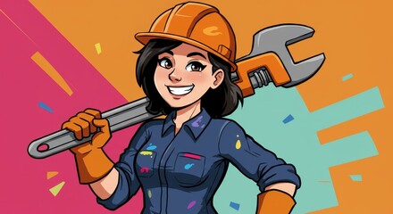Confident Female Technician - A cheerful cartoon woman, wearing a hard hat and work overalls, confidently carries a large wrench across her shoulder