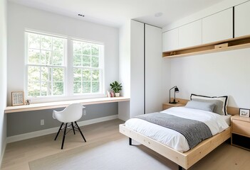A white bedroom with a bed, desk and window.