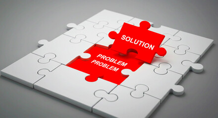 A partially completed puzzle with a red solution piece above problem pieces on a gray background