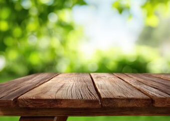 Rustic wooden table under a bright, sunny outdoor setting.