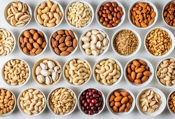 A variety of nuts in bowls on a white surface.