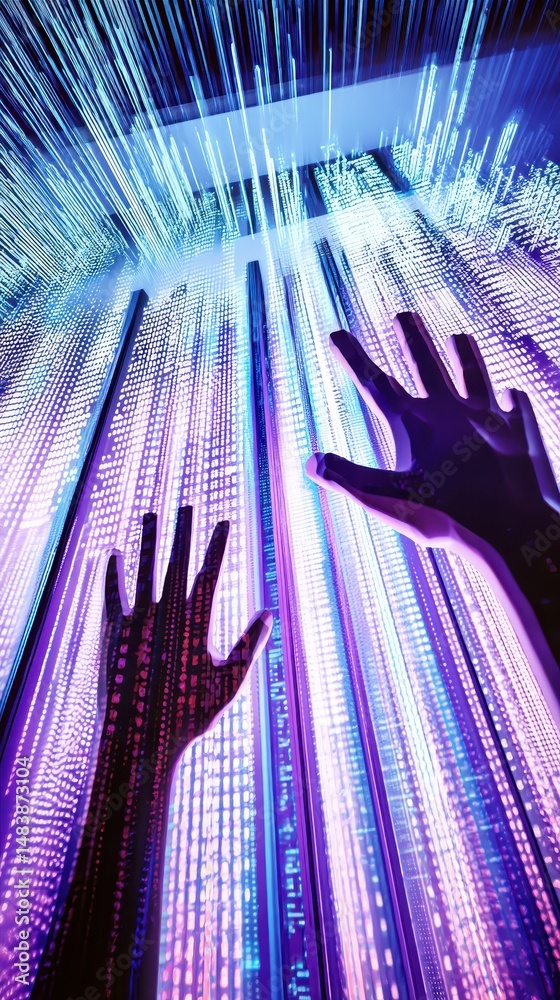Poster abstract digital art depicting hands reaching toward luminous binary code streams representing techn