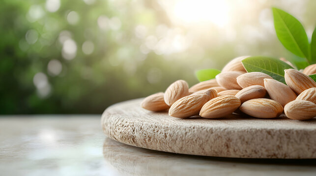 Almendras, Almonds scattered on a rustic wooden board with soft morning sunlight, neutral beige background
