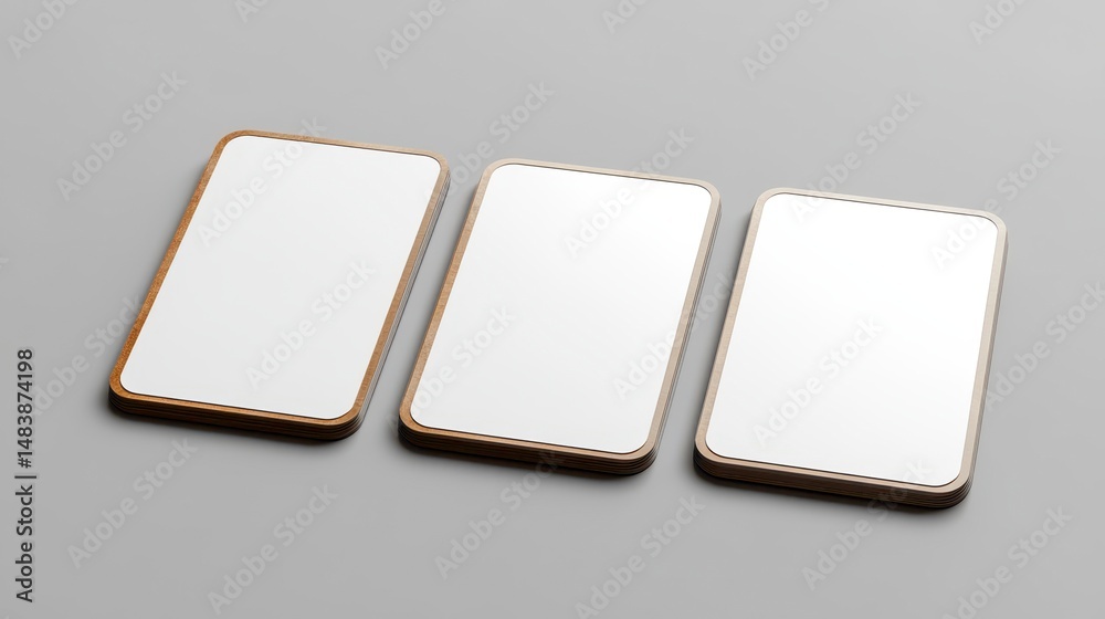 Poster three blank, white, rectangular screens with wooden frames, arranged horizontally on a gray backgrou
