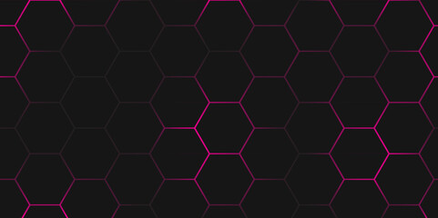Abstract Dark hexagon technology background with pink colored. Hexagonal gaming vector tech illustration black abstract background.