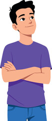 Fototapeta premium Young man in purple t-shirt looking sideways with crossed arms vector illustration casual style 