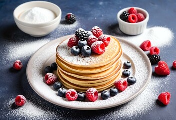 A stack of pancakes topped with berries and powdered sugar.
