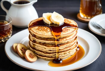 A stack of pancakes topped with bananas and syrup.